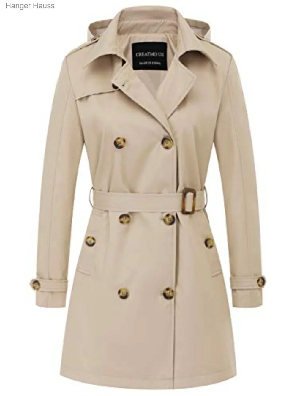 Double-Breasted Trench Coat Detachable Hood Belted Water-Resistant Windproof